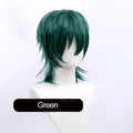 Men's short black anime-style cosplay wig on a stand