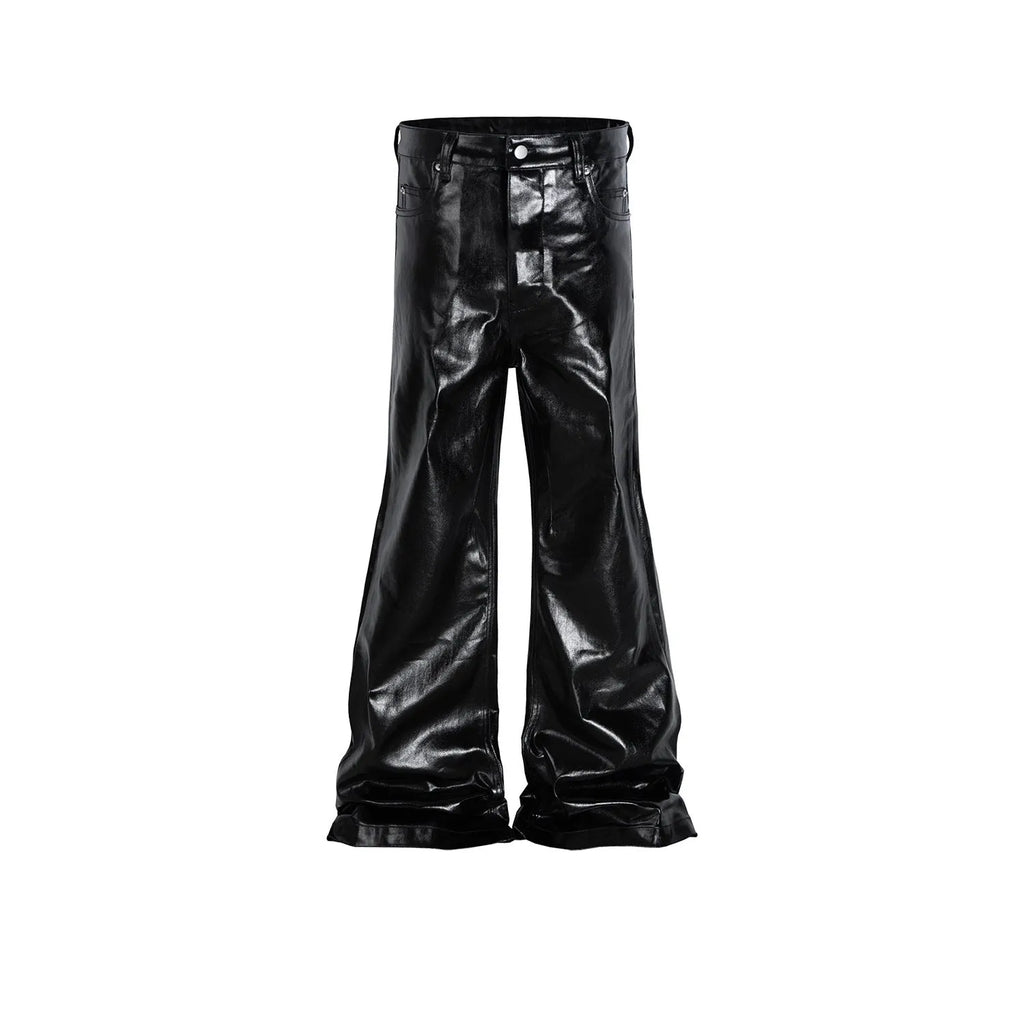 Black shiny patent leather skinny jeans with straight leg cut and mid waist design
