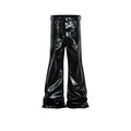Black shiny patent leather skinny jeans with straight leg cut and mid waist design