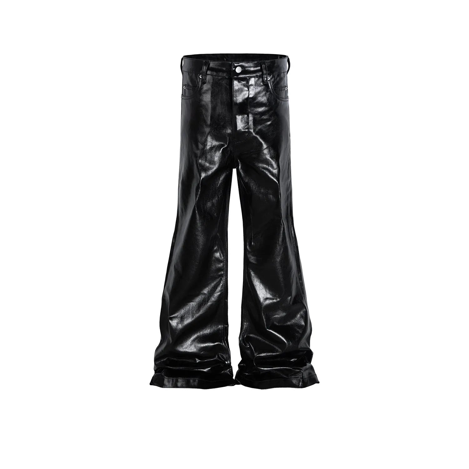 Black shiny patent leather skinny jeans with straight leg cut and mid waist design