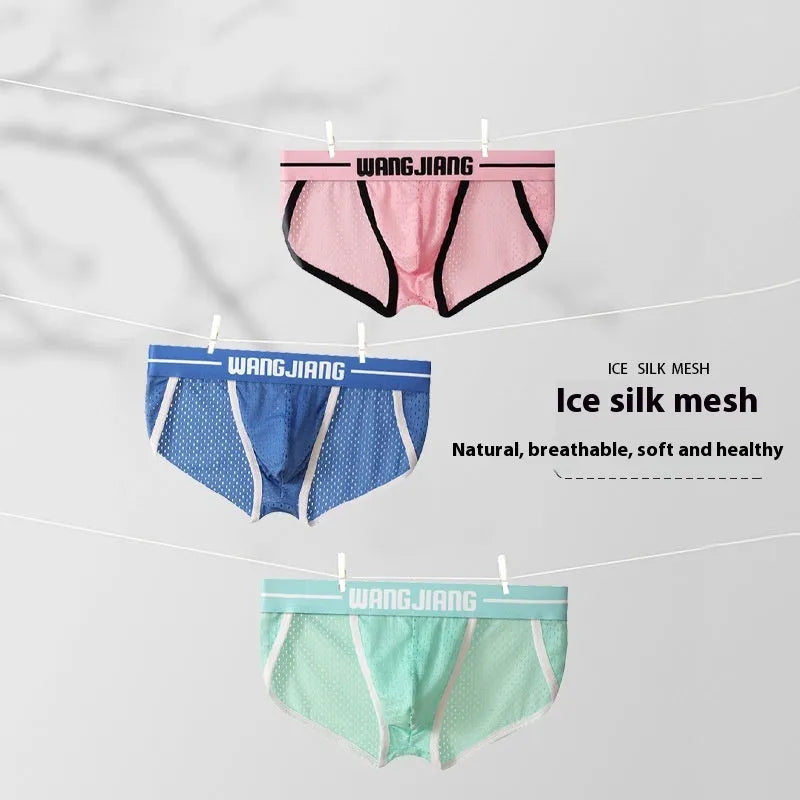 Ice silk mesh breathable men's triangle underwear in black, quick-dry sports briefs