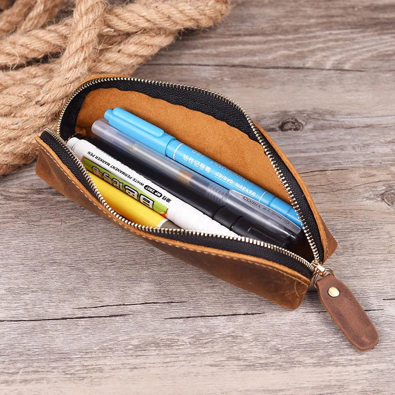 Handmade cowhide leather pencil case in rectangular shape with zipper closure