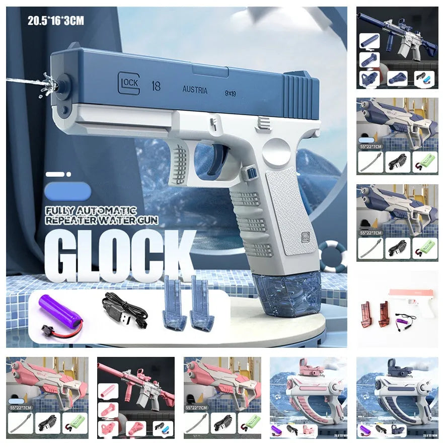 Blue electric space water gun with USB charging cable and large water tank on outdoor patio