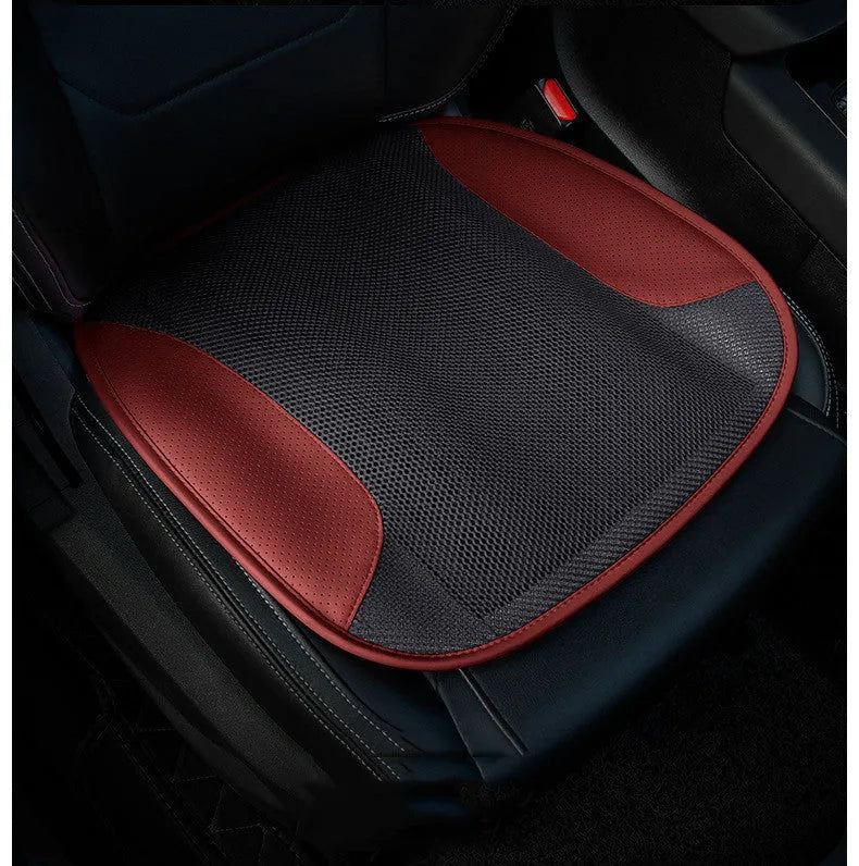 Ventilated car seat cushion with suede surface and USB cable, showing colour options.
