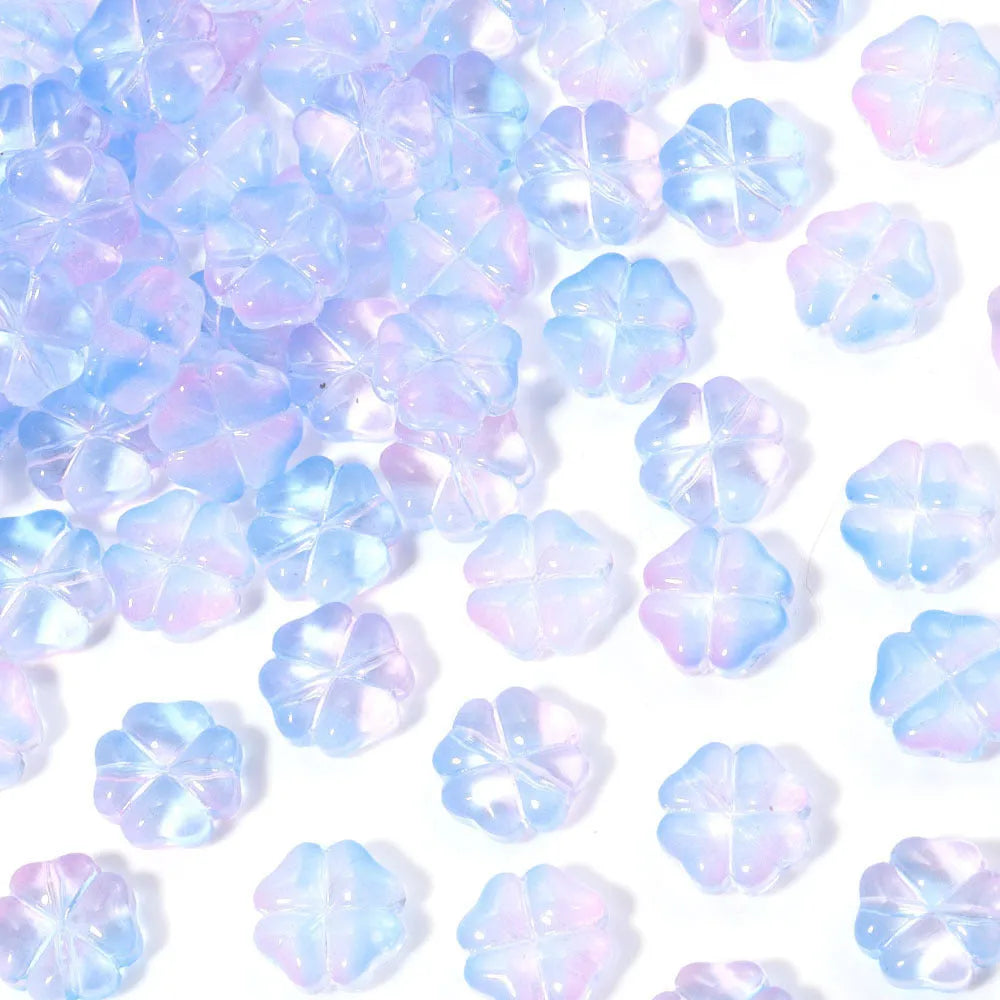 50 glass four-leaf clover beads in assorted colours with coloured glaze finish and 10mm straight hole design.