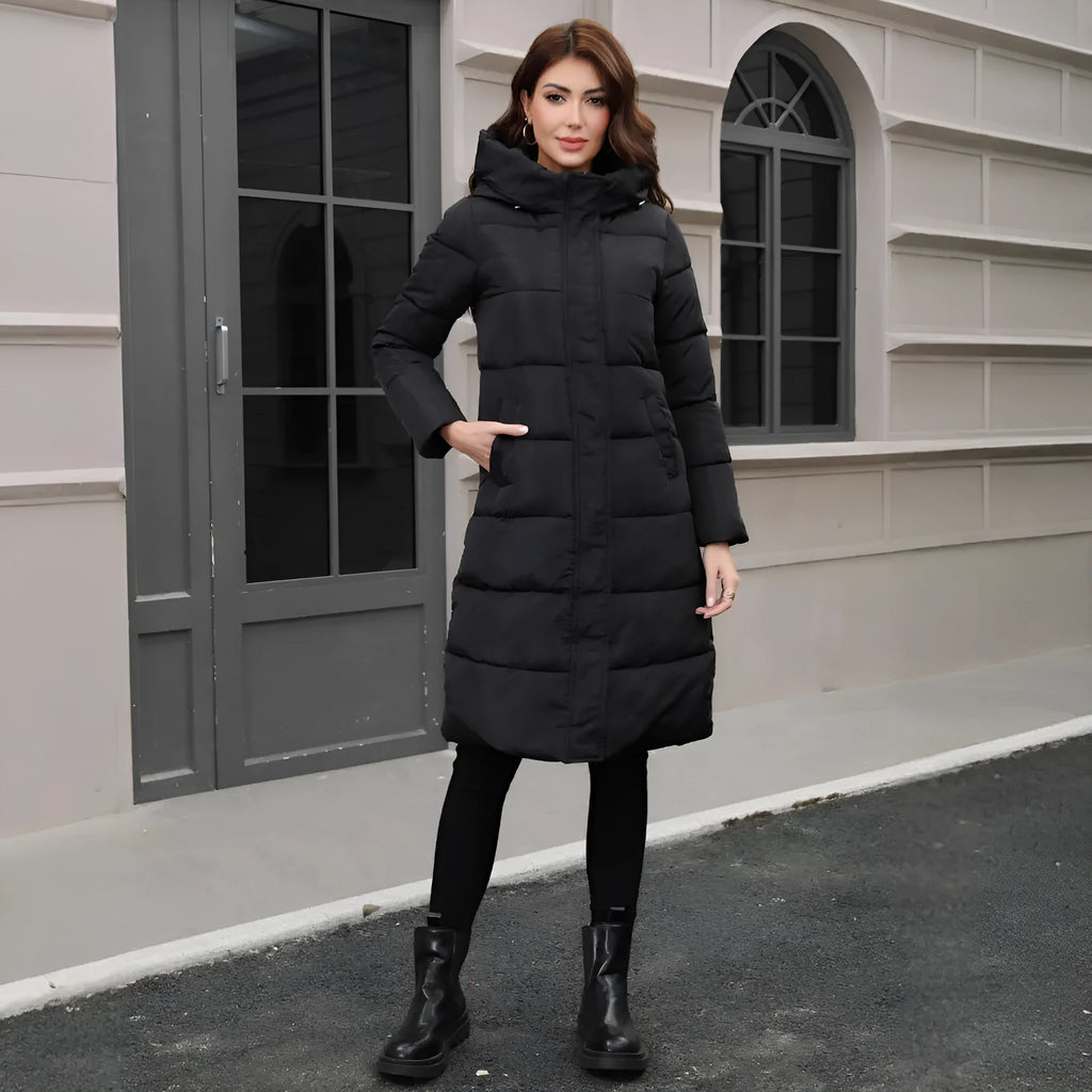 Black slim fit hooded jacket with long sleeves and cold-resistant thickened fabric