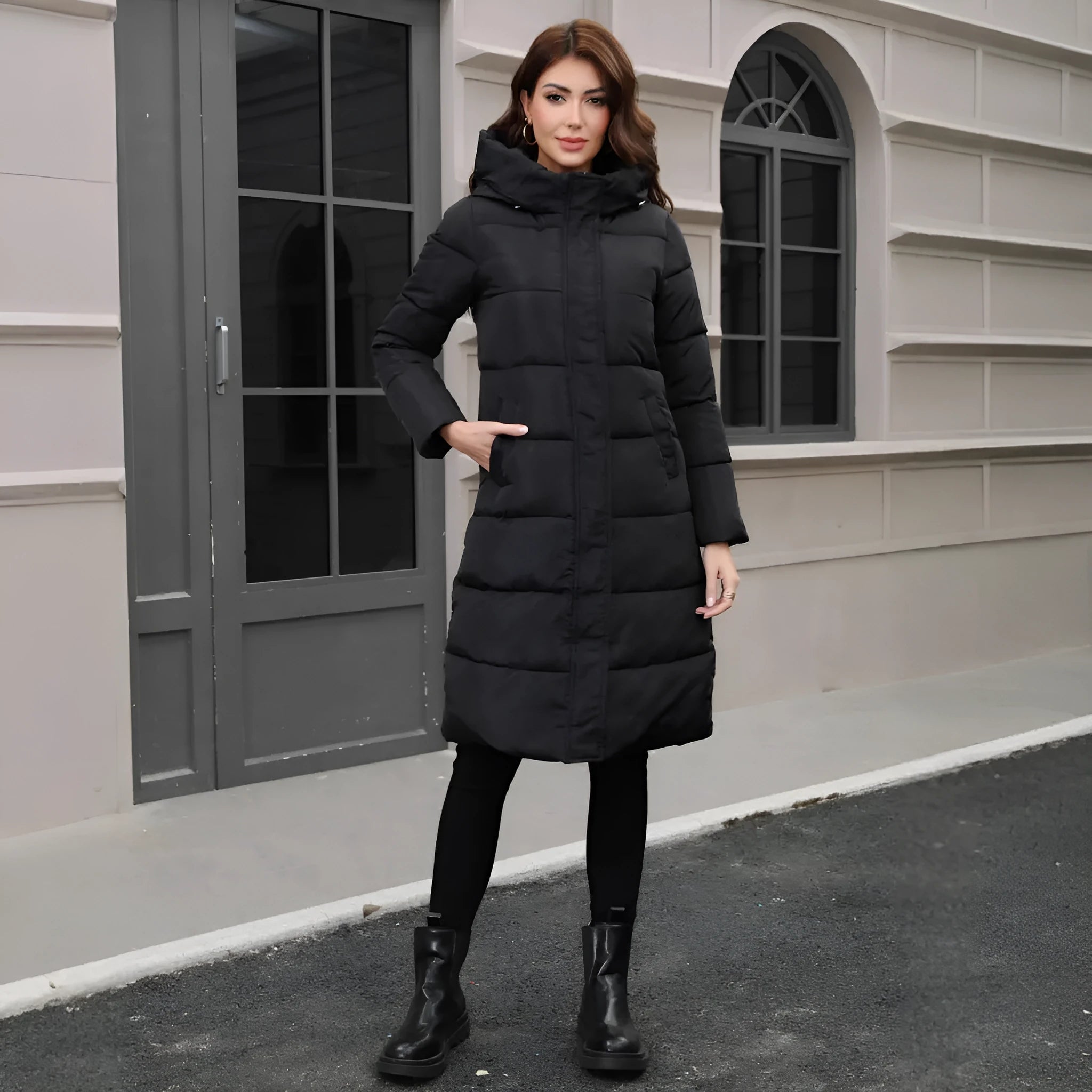 Black slim fit hooded jacket with long sleeves and cold-resistant thickened fabric
