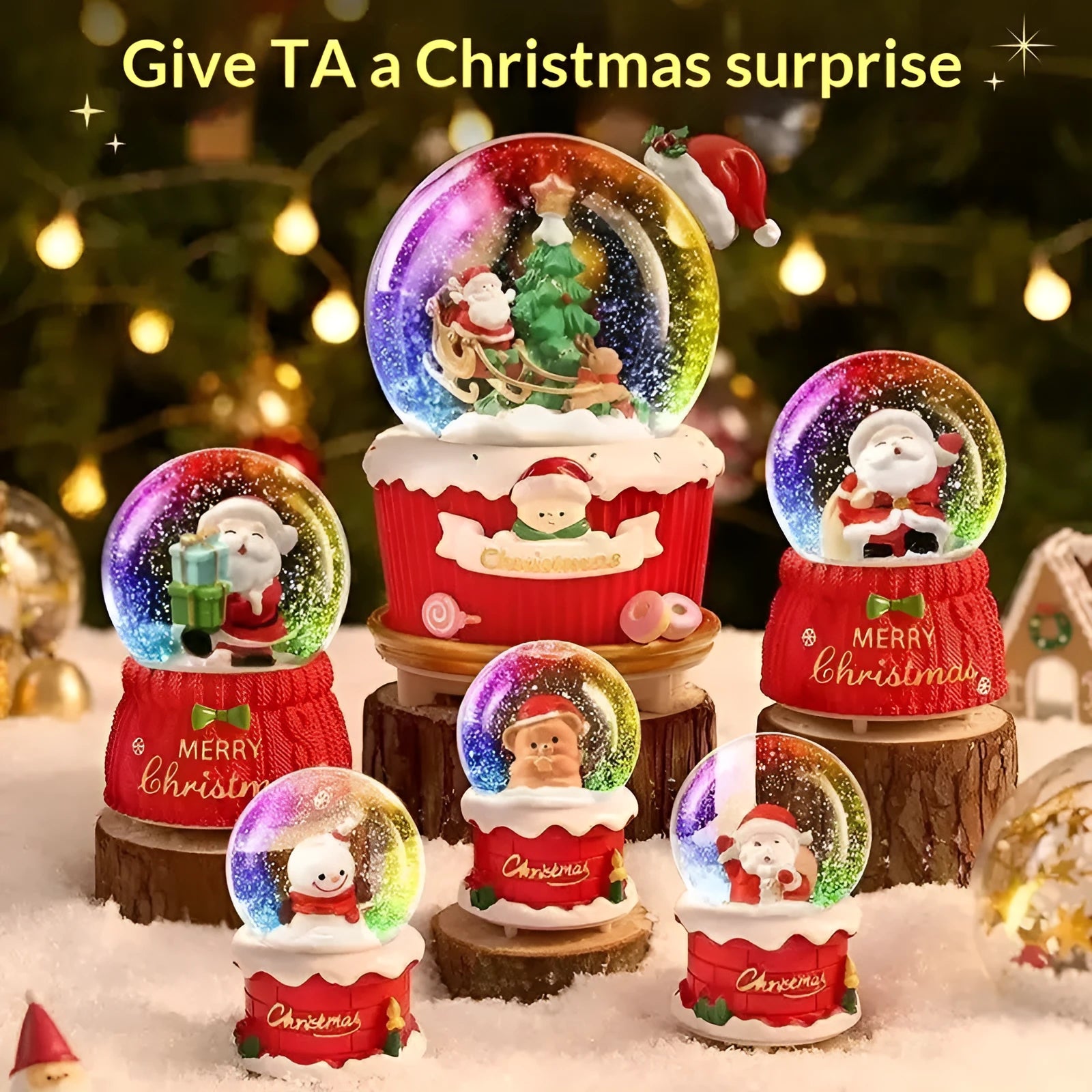 Christmas crystal ball music box with automatic snow, internal lights, and a Santa Claus scene inside a glass dome on a resin base