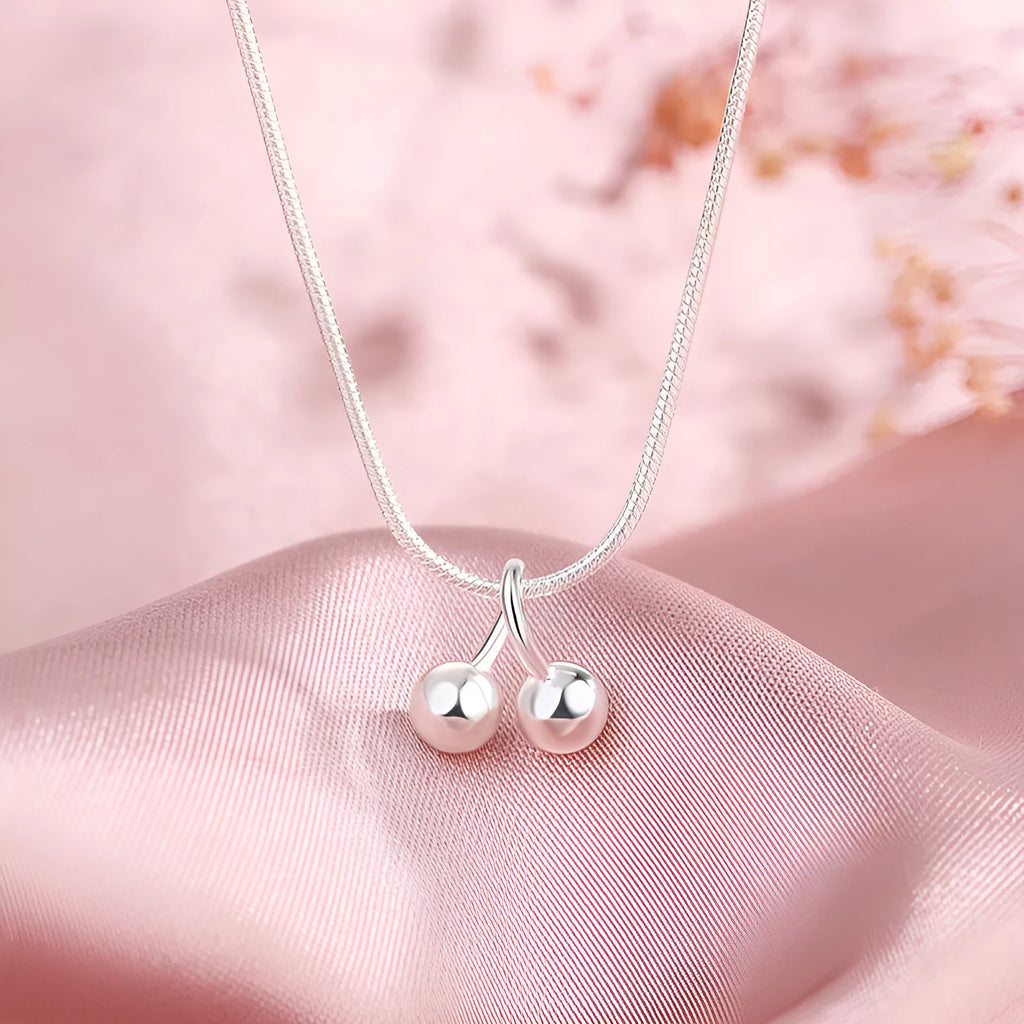 Silver cherry necklace with adjustable snake bones chain and Korean style design