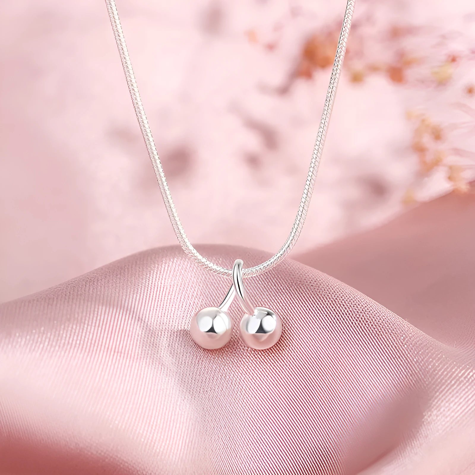 Silver cherry necklace with adjustable snake bones chain and Korean style design