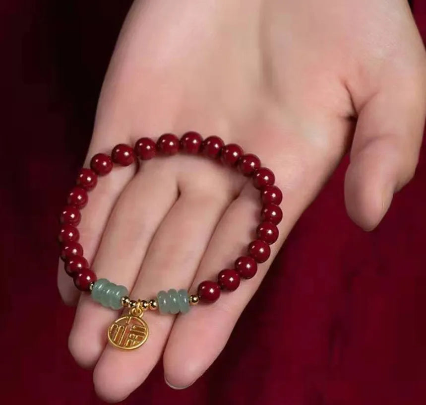 Handmade cinnabar and copper bracelet with wave shape design in national style
