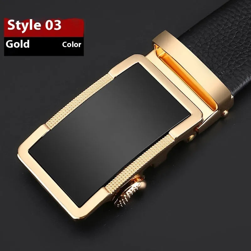 Men's leather belt with an automatic comfort click buckle in gun black, silver, or gold colour