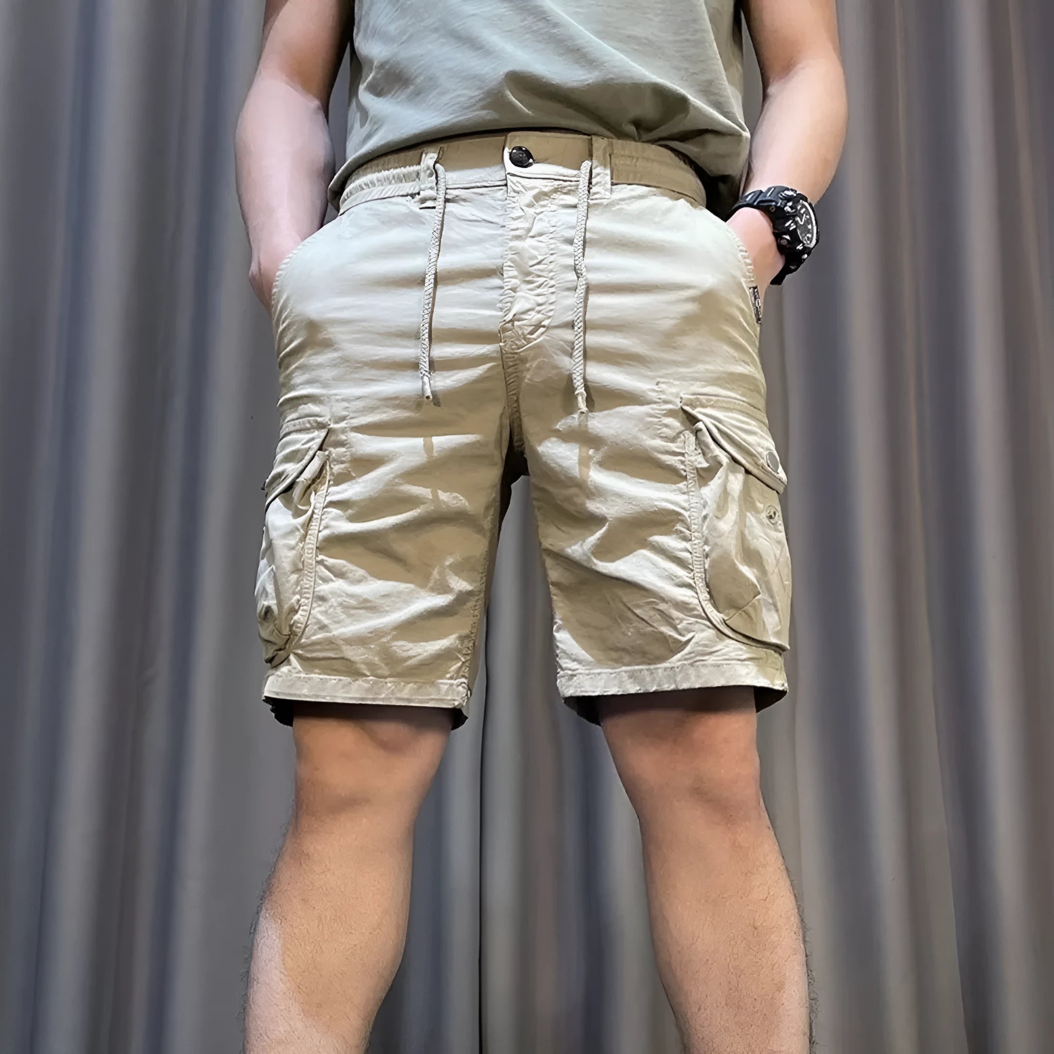 Loose straight Korean-style overalls pants with multiple pockets in black, grey, green, or khaki colours