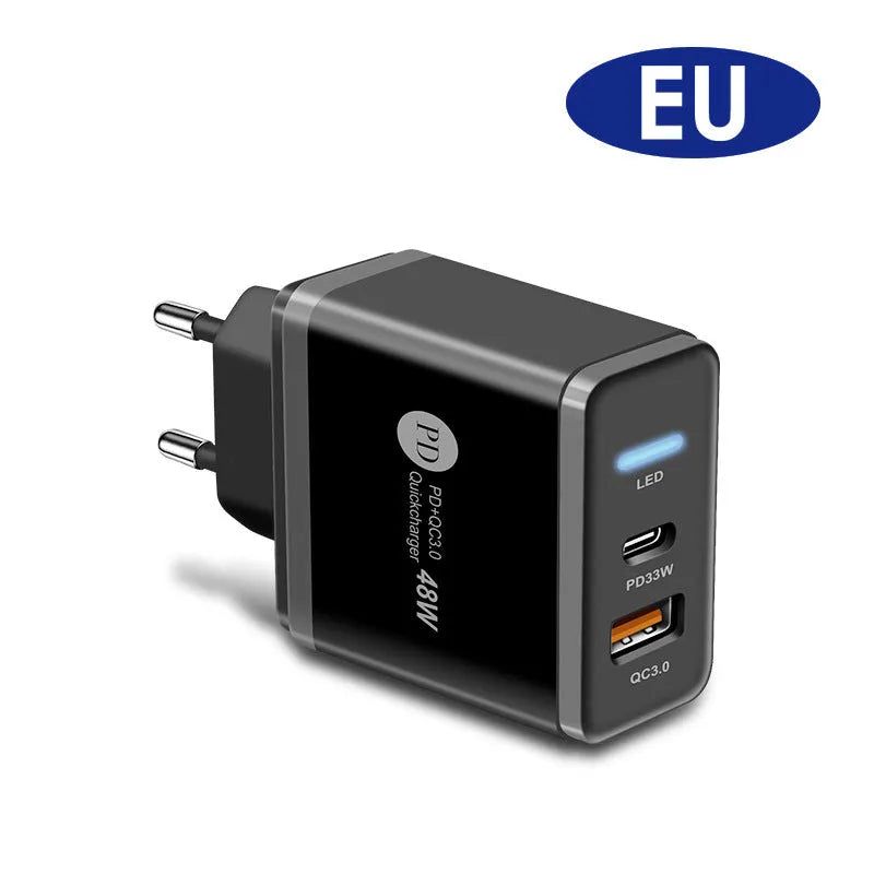 PD48W USB-C fast travel charger showing UK, EU, and US plug adaptors on a white background