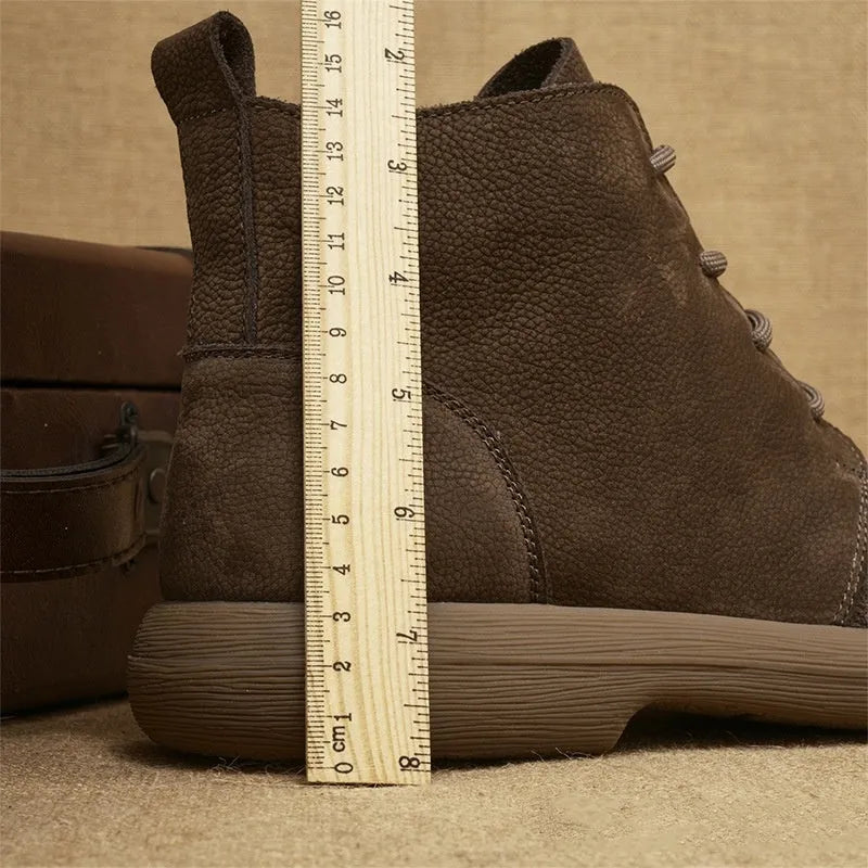 Grey retro leather Martin boots with wedge heel and lace-up front