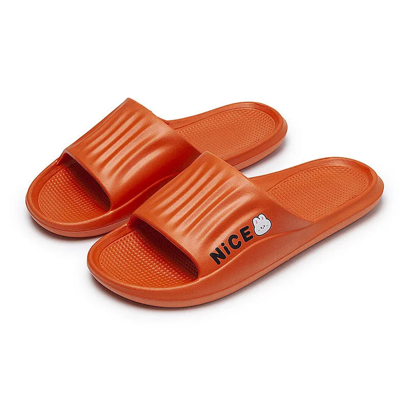 Minimalist cartoon pattern EVA flip flop slippers for household wear, shown in multiple colours.