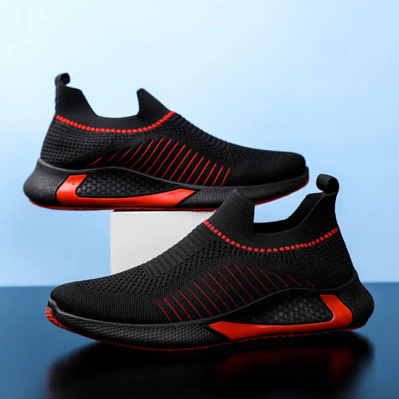 Men's striped mesh sock shoes with flyknit upper and plastic sole in three colour options