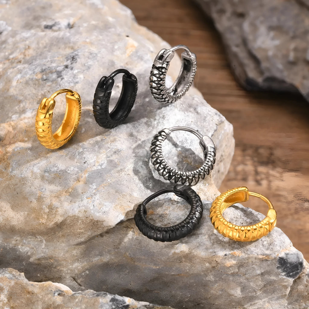 Stainless steel snake pattern hip hop ear ring in black finish showing textured surface