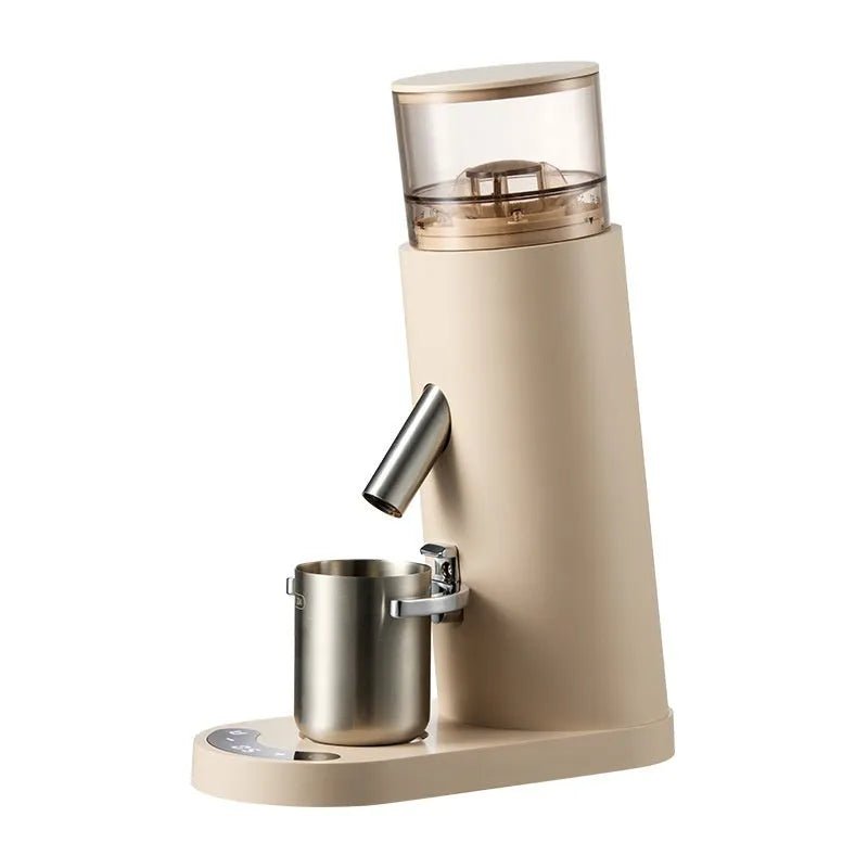 Portable electric coffee grinder with stainless steel body in beige or black colour options