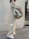 Women's thick knitted wide-leg trousers in cream white, linen colour, milk brown, or black