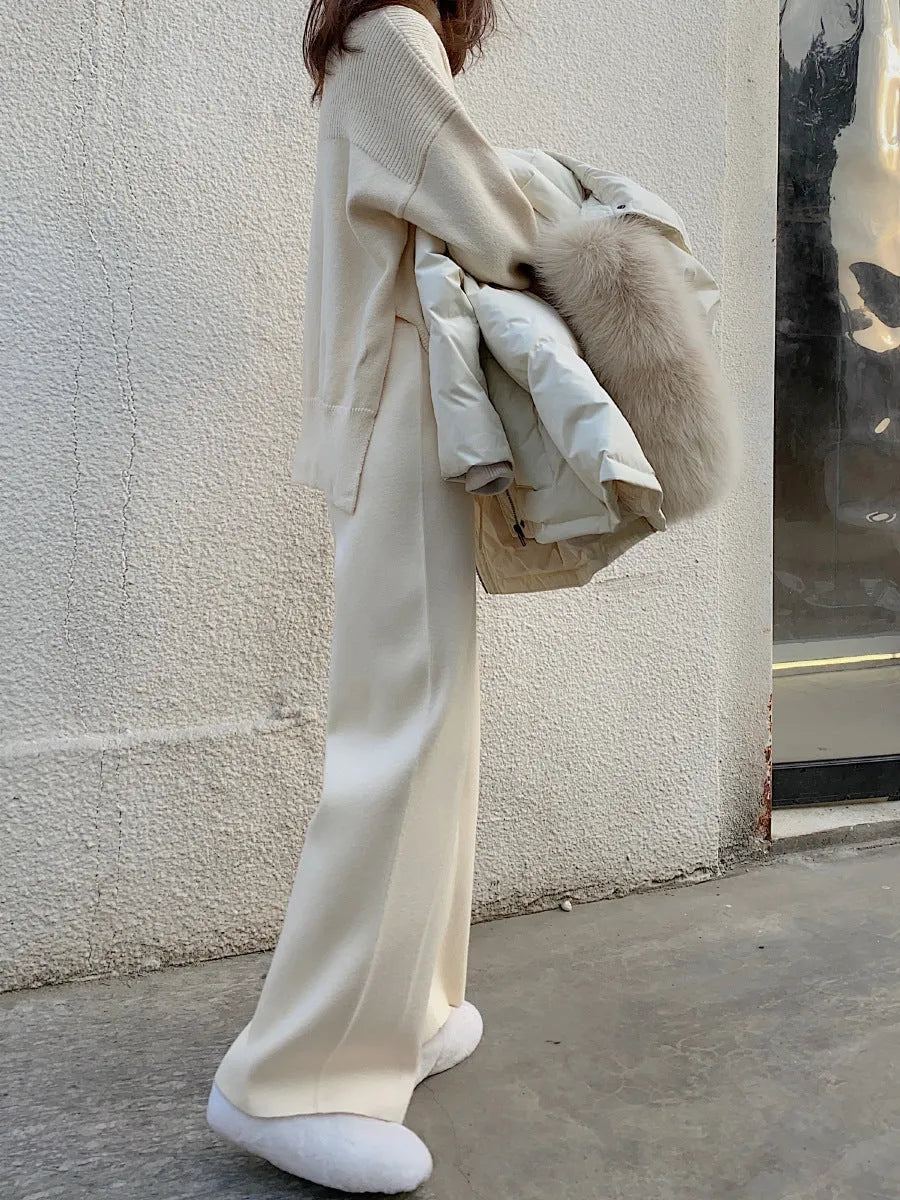 Women's thick knitted wide-leg trousers in cream white, linen colour, milk brown, or black
