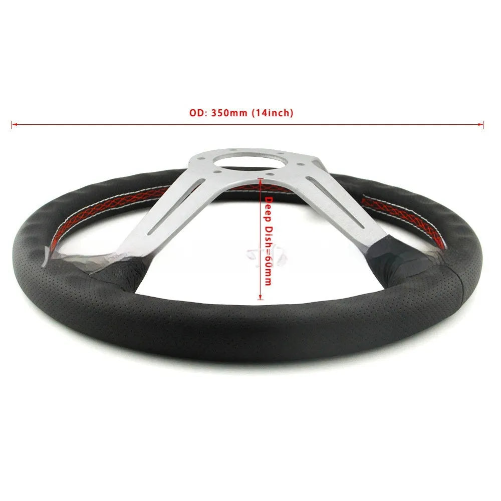 Leather 14-inch car steering wheel with a middle concave design, showing black and silver skeleton frame options.