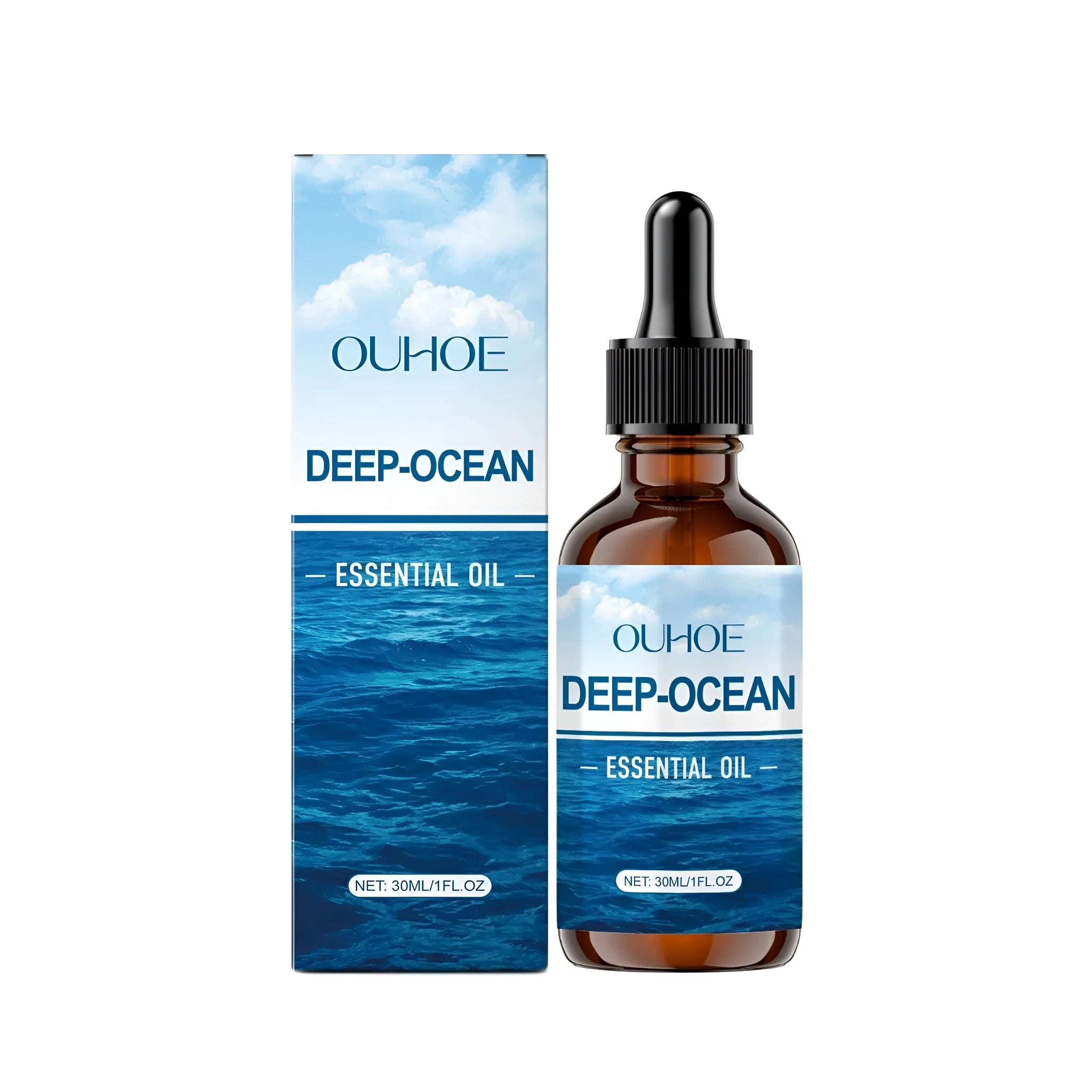 30ml glass bottle of Deep-Ocean essential oil blend with a dropper.