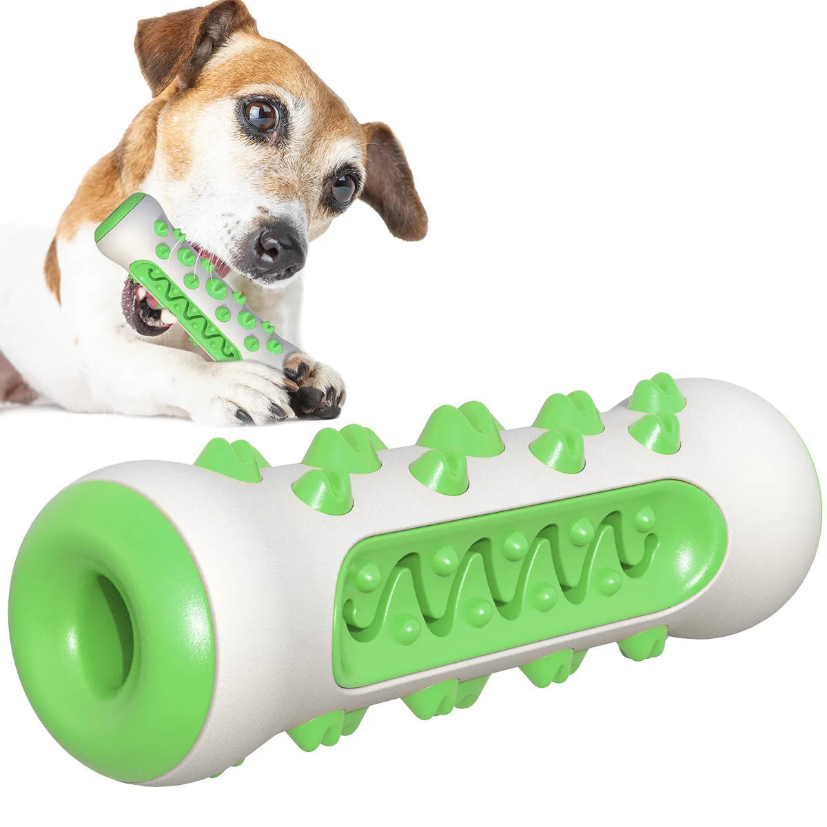Natural rubber dog toothbrush chew toy in four colours: black/blue, blue, green, and yellow