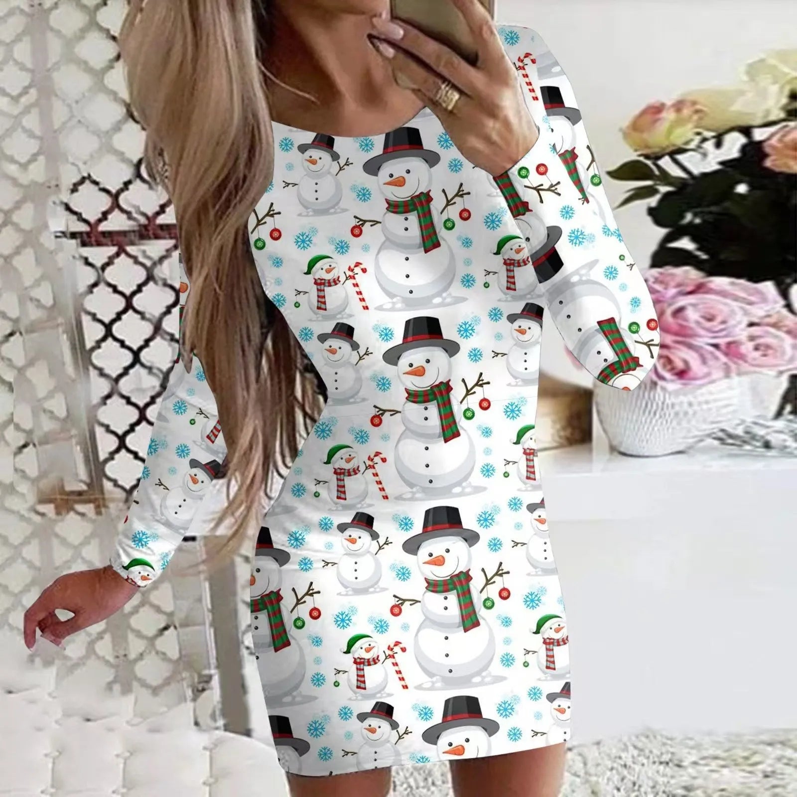 Christmas printed floral pattern dress with round neck and long sleeves in tight fit