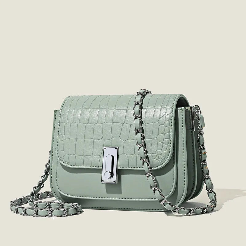Soft PU women's chain shoulder bag in horizontal square shape with inner mobile phone compartment