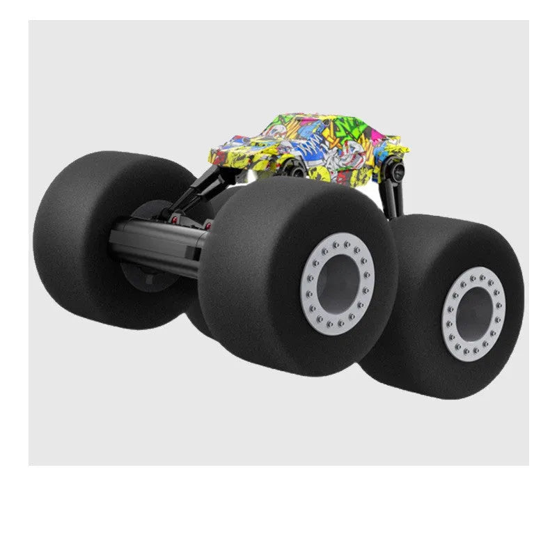 Remote control stunt truck with sponge tires and cool lights on a wooden floor
