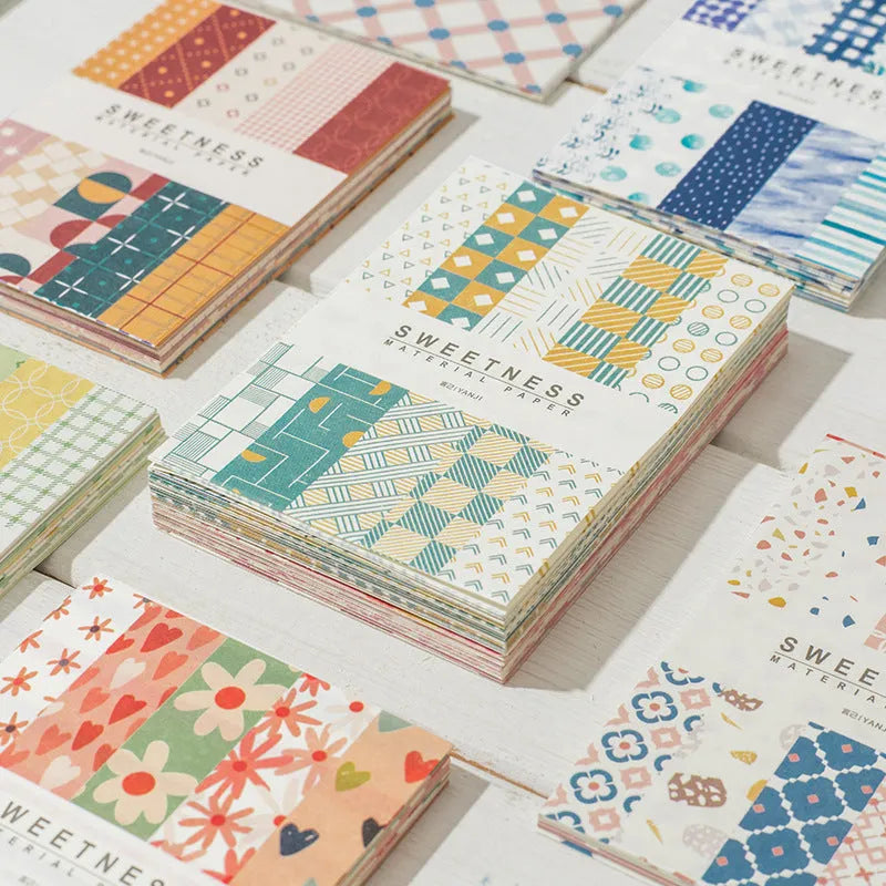 Retro collage note paper set showing dessert-themed colours including Red Plum Cheese and Caramel Puff shades