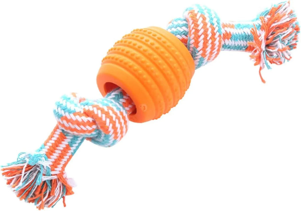 Blue molar-shaped dog chew toy with rope attachments for dental care and chewing
