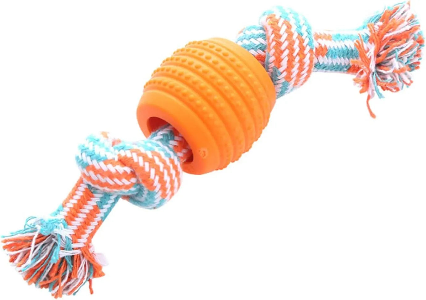 Blue molar-shaped dog chew toy with rope attachments for dental care and chewing