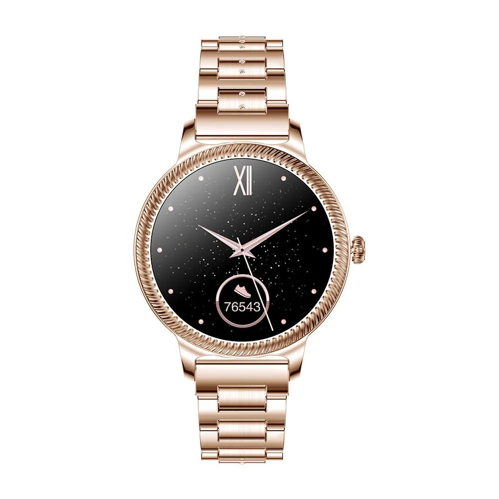 AK38 ladies smart watch with stainless steel Milanese band and 1.09-inch colour screen.
