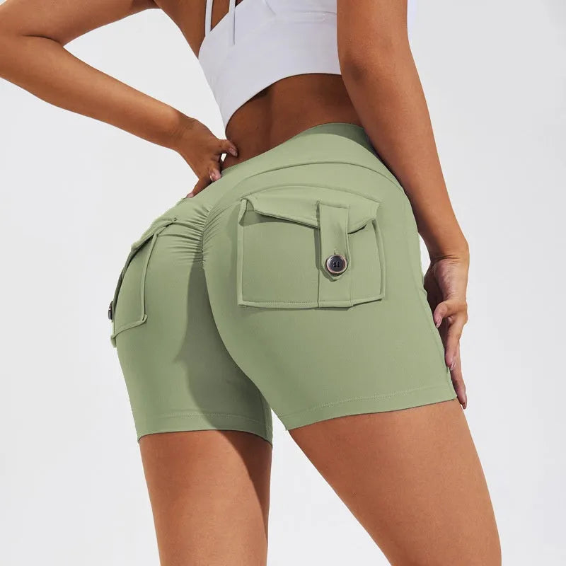 Women's high waist hip lifting shorts with side pockets in quick-dry nylon fabric