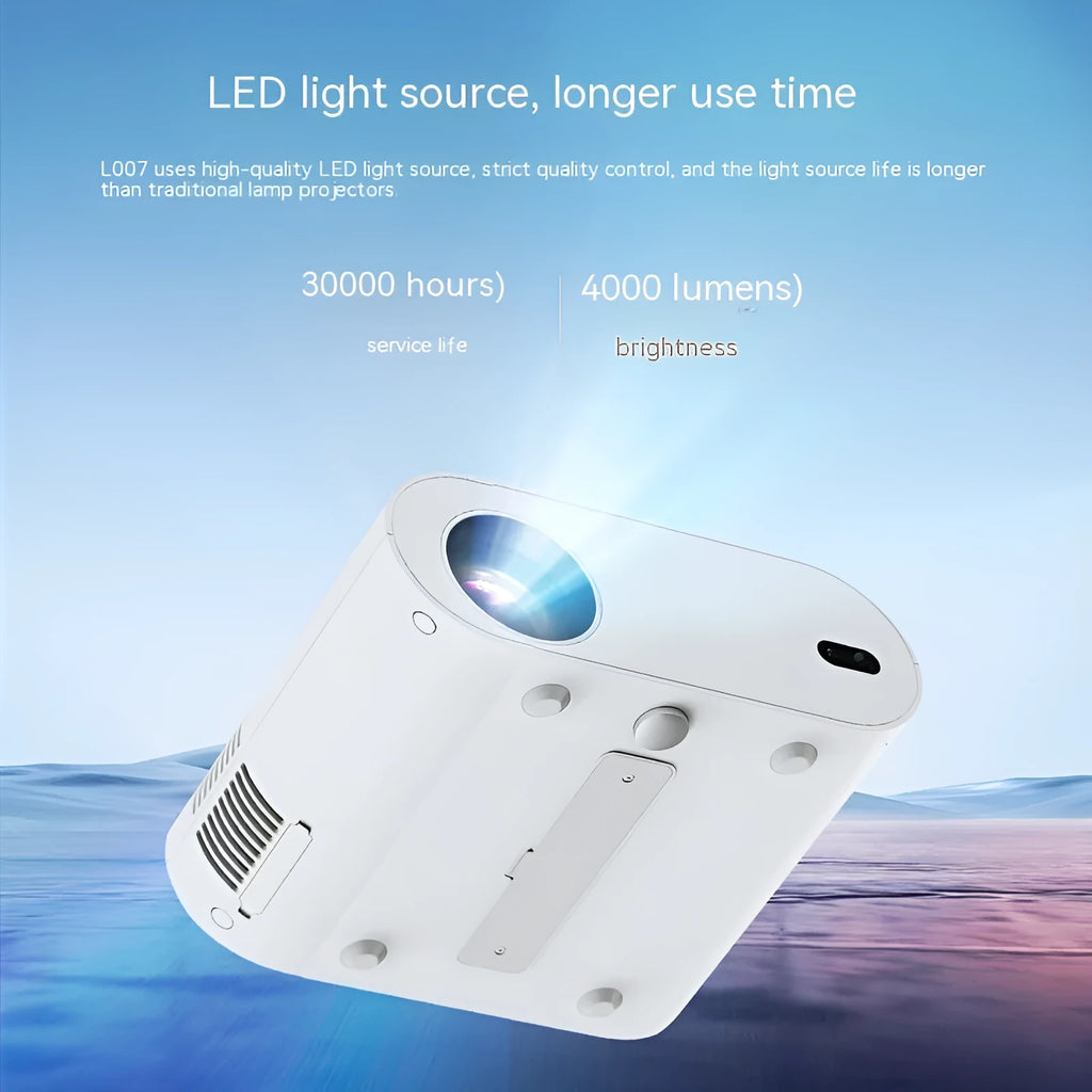 White Full HD smart projector with remote control on wooden surface