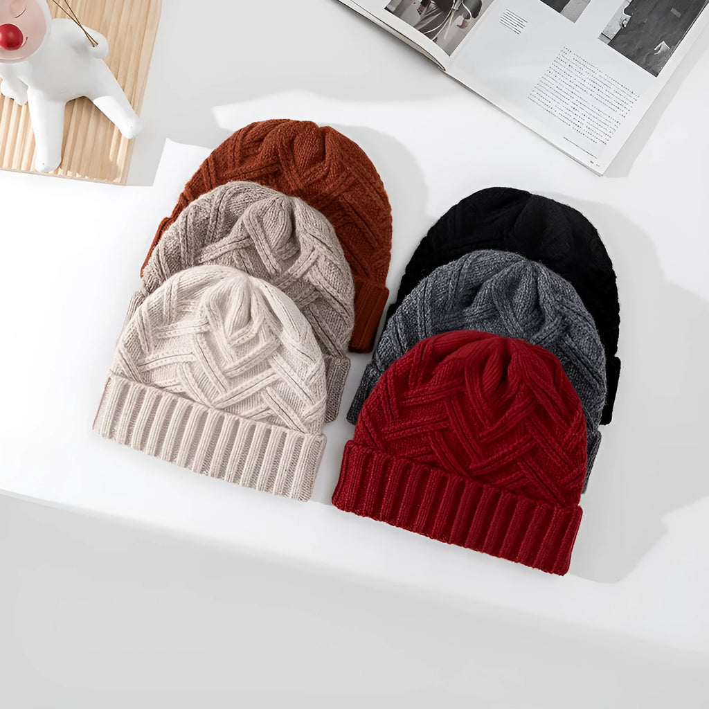 Wool knitted dome crown winter hat for women in six colour options showing totem detailing