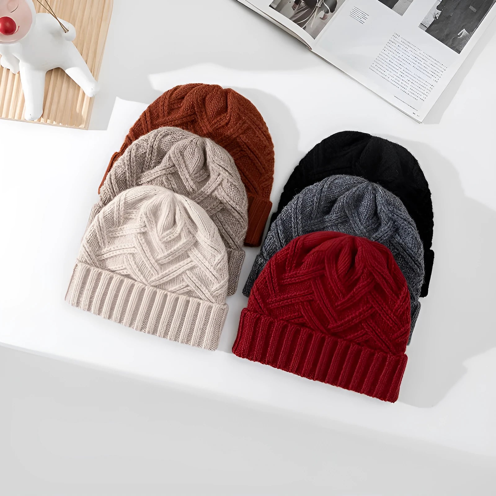 Wool knitted dome crown winter hat for women in six colour options showing totem detailing