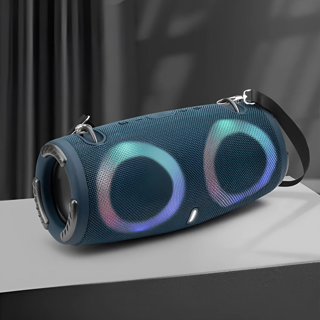 War Drum portable Bluetooth speaker with RGB coloured lights in multiple colour options on a strap.