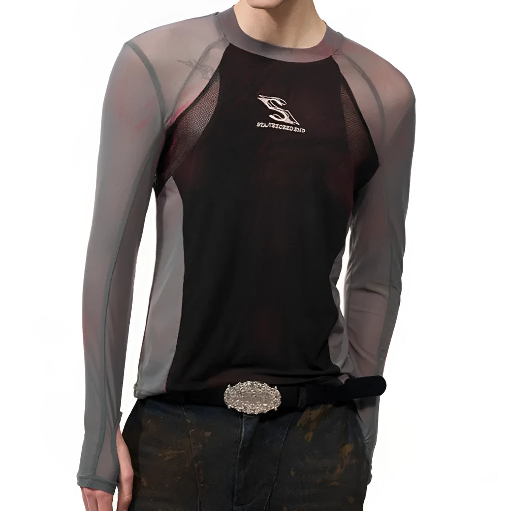 Women's tight mesh stitching long sleeve top in Korean style with round neck and regular length