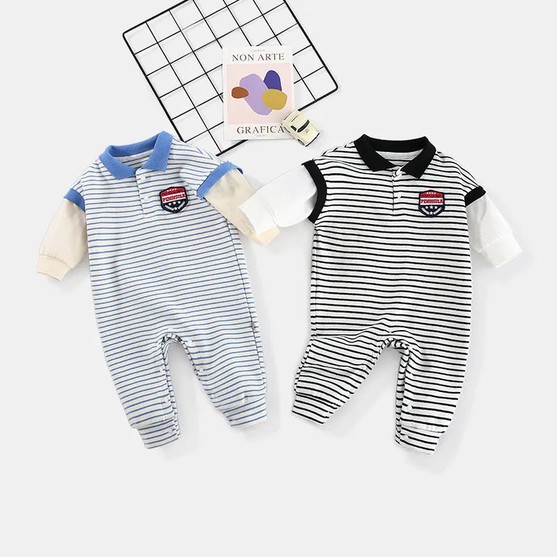Striped cotton baby onesie in black with pullover design for newborn autumn wear