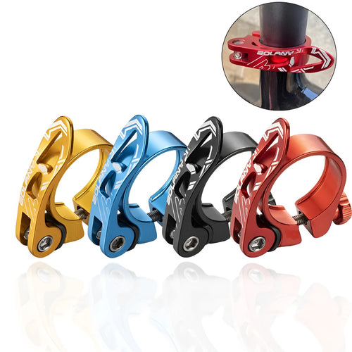 Aluminium alloy bicycle seat post clamp in black, red, gold, or blue colour for 31.8mm and 34.9mm seat tubes.