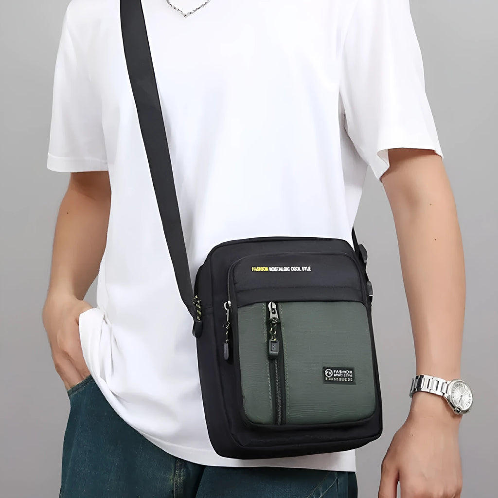 Men's casual outdoor nylon messenger bag in crossbody style with visible sewing details