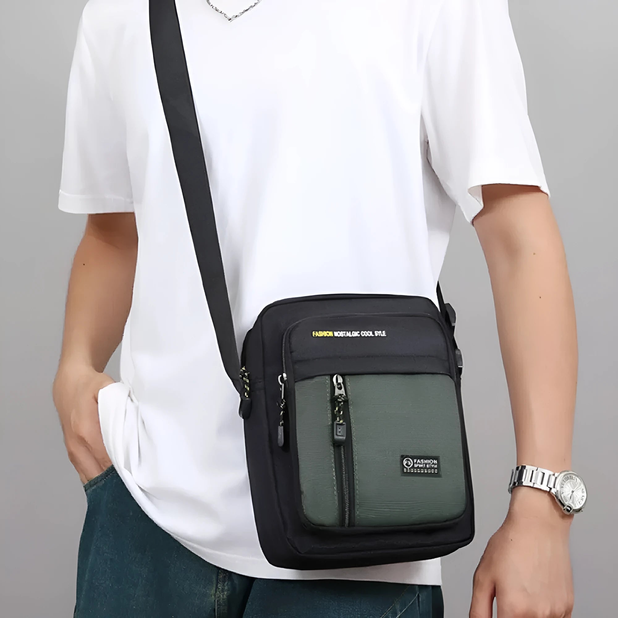 Men's casual outdoor nylon messenger bag in crossbody style with visible sewing details