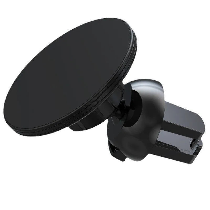 Black aluminium alloy magnetic suction car air outlet phone holder mounted on vehicle dashboard vent