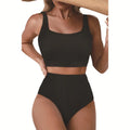 Women's simple polyester sleeveless two-piece swimsuit set in black, front view