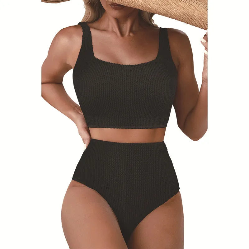 Women's simple polyester sleeveless two-piece swimsuit set in black, front view