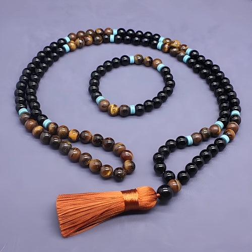 Black agate bracelet and tiger stone necklace geometric jewellery set