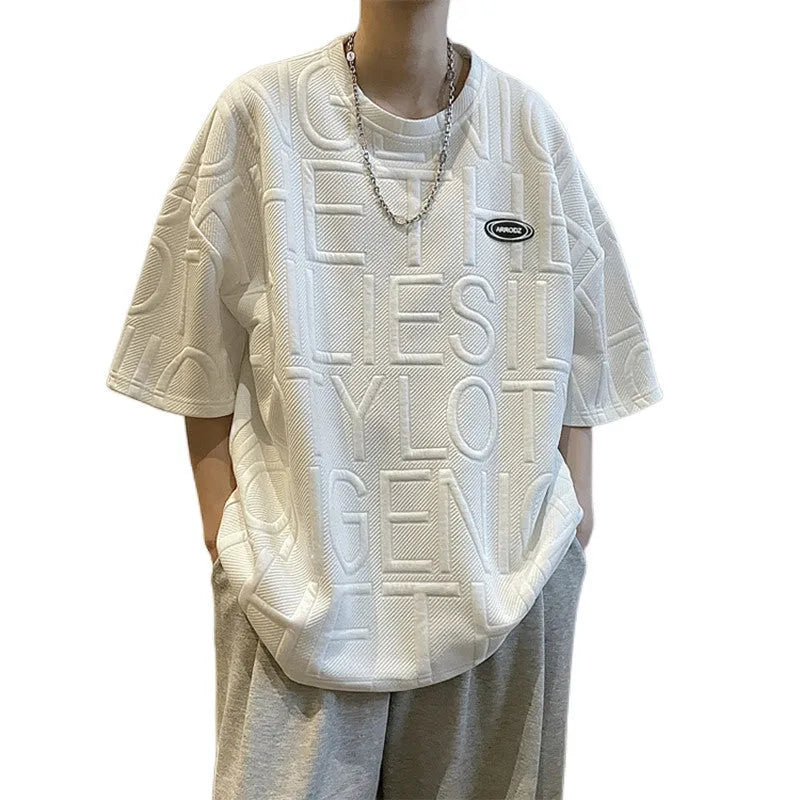 Men's grey T-shirt with three-dimensional white letter print, loose fit short sleeves